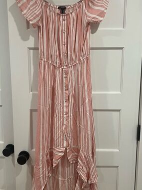 Forever 21 Pink and White Striped High-Low Button Maxi Dress